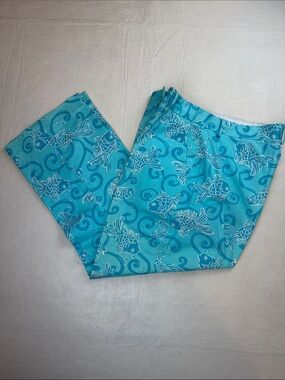 Lilly Pulitzer Turquoise Aqua White Fish Print Cropped Flat Front Pants Size 10